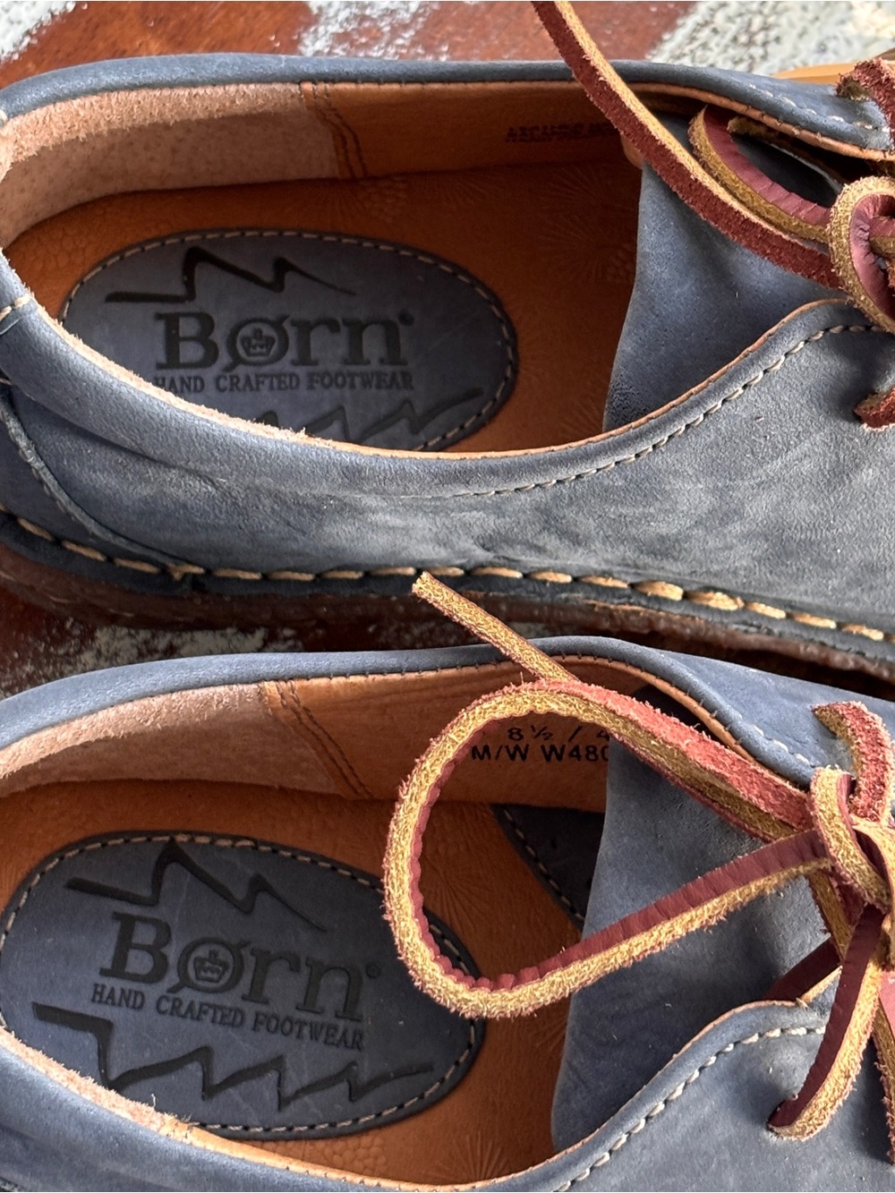 Born Ladies Leather Slate Blue Leather loafers with Tan Leather Laces Size 8.5 - Picture 6 of 9